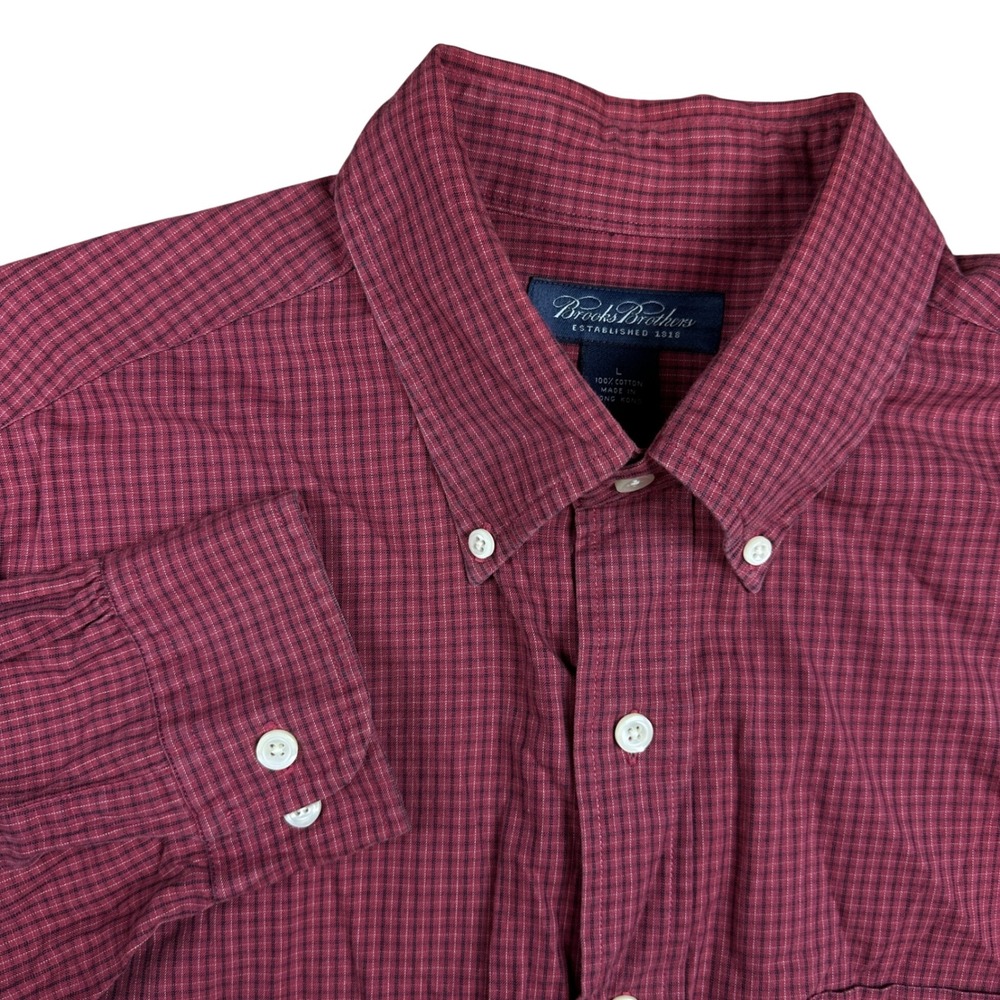Brooks Brothers Mens Burgundy Micro Check Cotton Button Down Long Sleeve Shirt L